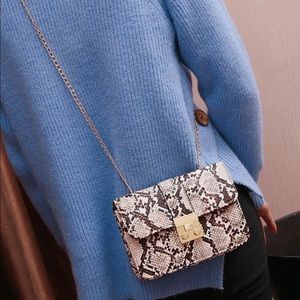 Snakeskin print gold chain bag.